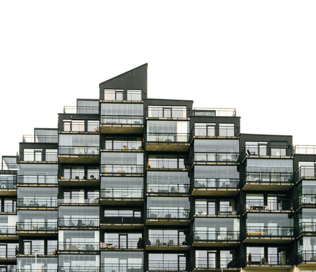 Modern apartment building with geometric facade